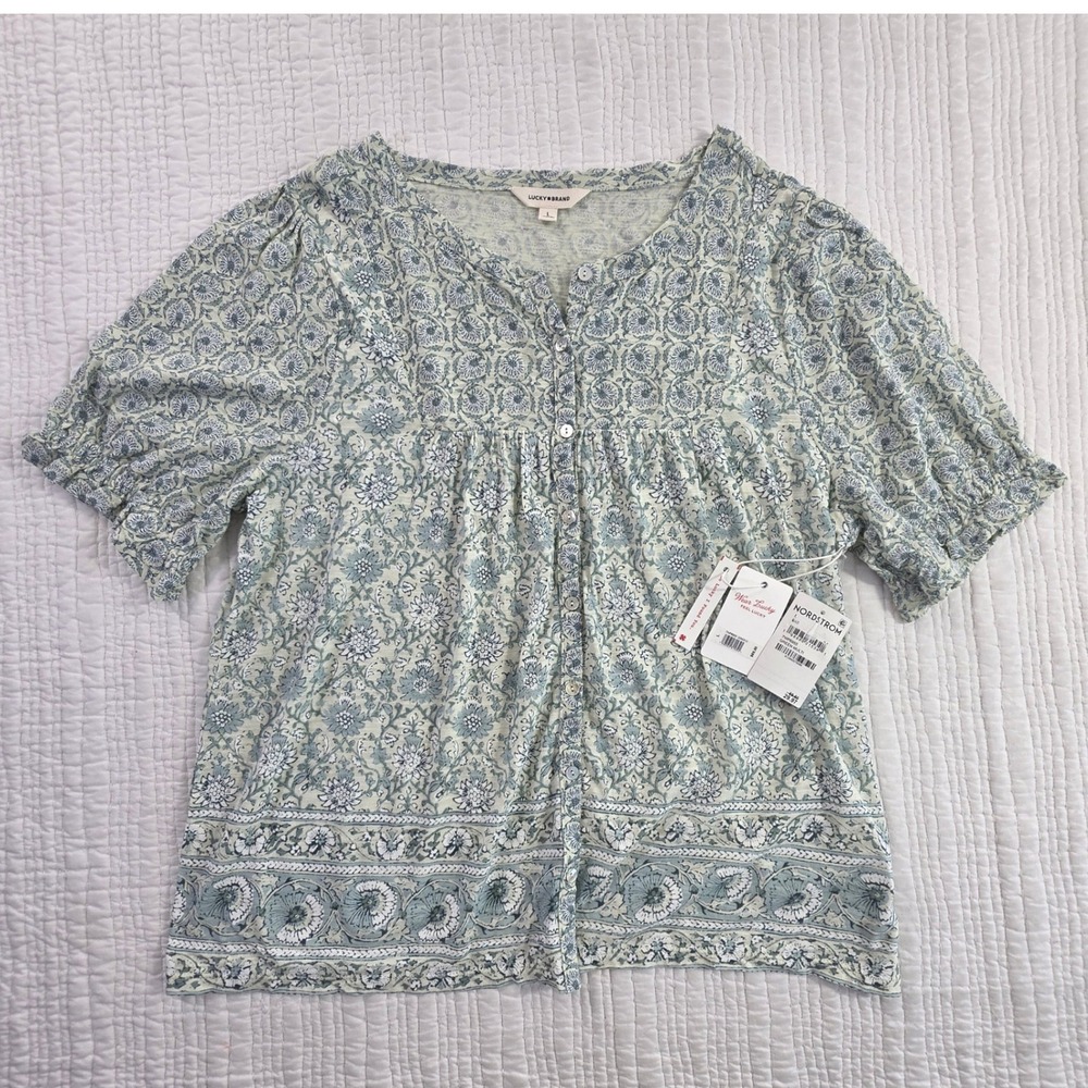 Lucky Brand Green Floral Babydoll Button Front Top Short Puff Sleeve NWT 7WP6955